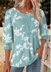 Green Floral Print Smocked 3/4 Sleeve Round Neck Blouse | thumb picture 