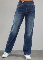 Denim Blue Straight Leg Elastic Waist High Waisted Jeans | thumb picture 
