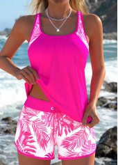 Hot Pink Mid Waisted Patchwork Leaf Print Tankini Set