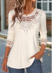 Beige Patchwork Long Sleeve Round Neck T Shirt | thumb picture 