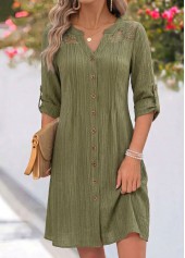 Olive Green Short Patchwork Long Sleeve Split Neck Dress