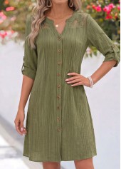 Olive Green Short Patchwork Long Sleeve Split Neck Dress | thumb picture 