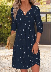 Navy Tribal Print Short Patchwork Long Sleeve Dress