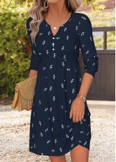 Navy Tribal Print Short Patchwork Long Sleeve Dress | thumb picture 