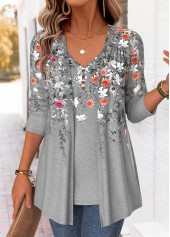 Light Grey Marl Floral Print Fake Two Piece Twinset