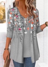 Light Grey Marl Floral Print Fake Two Piece Twinset | thumb picture 