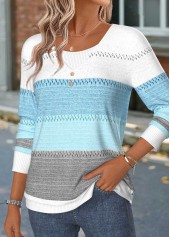 Blue Geometric Print Patchwork Long Sleeve T Shirt | thumb picture 