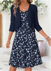 Navy Floral Print Short Tummy Coverage Dress and Cardigan