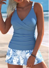 Dusty Blue Mid Waisted Surplice Leaf Print Tankini Set | thumb picture 