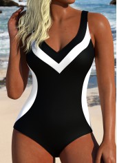 Black Tummy Control Patchwork One Piece Swimwear