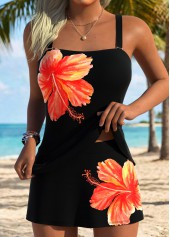 Black Mid Waisted Tummy Coverage Floral Print Tankini Set
