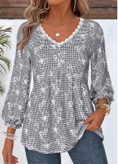 Black Gingham Print Shirred 3/4 Sleeve V Neck Blouse
