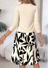 Beige Leaf Print Two-piece Long Sleeve Dress and Cardigan | thumb picture 