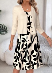Beige Leaf Print Two-piece Long Sleeve Dress and Cardigan | thumb picture 