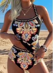 Black Mid Waisted Tummy Coverage Tribal Print Tankini Set