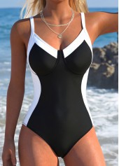Black Patchwork V Neck One Piece Swimdress