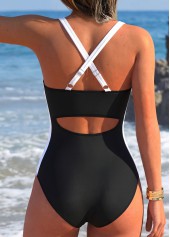 Black Patchwork V Neck One Piece Swimdress | thumb picture 