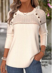 Beige Patchwork Long Sleeve Round Neck T Shirt