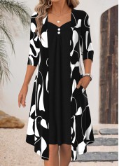 Black Geometric Print Fake 2in1 3/4 Sleeve Dress