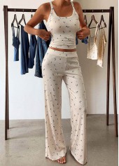 Beige Ditsy Floral Print Strappy Lounge Top and Pants | thumb picture 