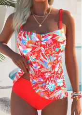 Coral Mid Waisted Criss Cross Tankini Set