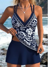 Navy Mid Waisted Fake 2in1 Tankini Set