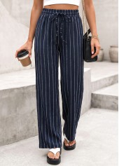 Navy Striped Elastic Waist High Waisted Pants | thumb picture 