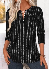 Black Striped Tuck Stitch Long Sleeve T Shirt