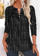 Black Striped Tuck Stitch Long Sleeve T Shirt | thumb picture 