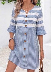 Blue Striped Short Tummy Coverage Half Sleeve Dress