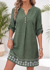 Green Tribal Print Short Tummy Coverage Long Sleeve Dress