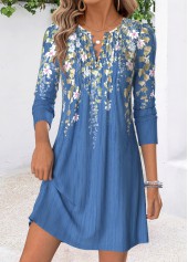 Blue Floral Print Short Tuck Stitch Long Sleeve Dress