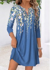 Blue Floral Print Short Tuck Stitch Long Sleeve Dress | thumb picture 