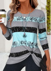 Mint Green Striped Twist Long Sleeve T Shirt