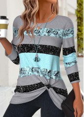 Mint Green Striped Twist Long Sleeve T Shirt | thumb picture 