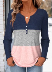 Multi Color Button Long Sleeve Split Neck T Shirt