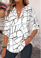 White Geometric Print Curved Hem 3/4 Sleeve Shirt