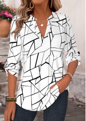 White Geometric Print Curved Hem 3/4 Sleeve Shirt | thumb picture 