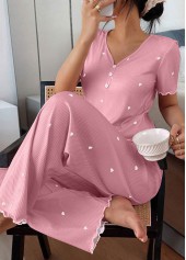 Pink Heart Print Short Sleeve Lounge Top and Pants