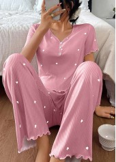 Pink Heart Print Short Sleeve Lounge Top and Pants | thumb picture 