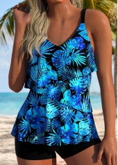 Blue High Waisted Asymmetry Leaf Print Tankini Set