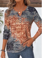 Dusty Blue Tribal Print Curved Hem T Shirt