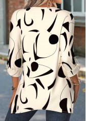 Beige Geometric Print Patchwork 3/4 Sleeve Split Neck Blouse | thumb picture 