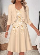 Beige Floral Print Two-piece Long Sleeve Dress and Cardigan