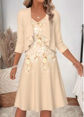 Beige Floral Print Two-piece Long Sleeve Dress and Cardigan | thumb picture 