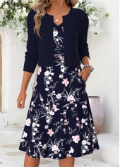 Navy Floral Print Double Side Pockets Long Sleeve Dress