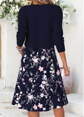 Navy Floral Print Double Side Pockets Long Sleeve Dress | thumb picture 