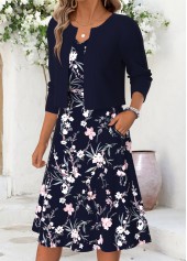 Navy Floral Print Double Side Pockets Long Sleeve Dress | thumb picture 