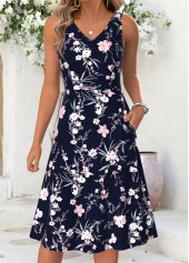 Navy Floral Print Double Side Pockets Long Sleeve Dress | thumb picture 