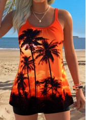 Orange Tummy Coverage Tropical Plants Print Tankini Set